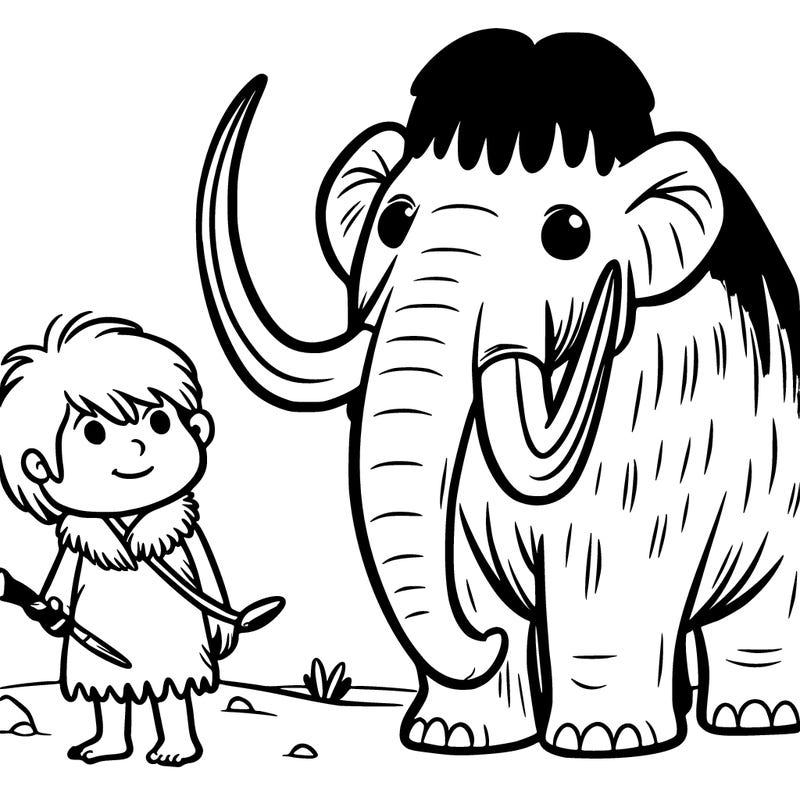 prehistoric child next to a mammoth
