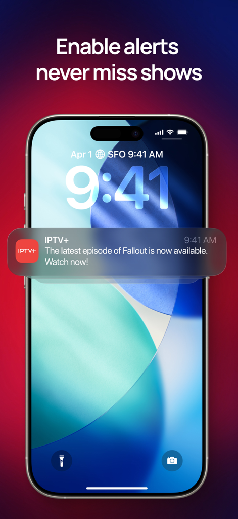 IPTV Plus - A smartphone lock screen showing a notification from the IPTV Plus app about a new show episode availability