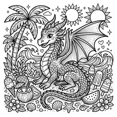 Dive into a fantastical summer with this charming dot work dragon coloring page. Adorned with intricate patterns, this friendly dragon enjoys a vibrant beach scene filled with tropical delights, waiting for your artistic flair.