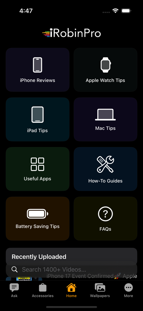 iRobinPro - iRobinPro app home screen showing various categories for iPhone iPad and Mac tutorials