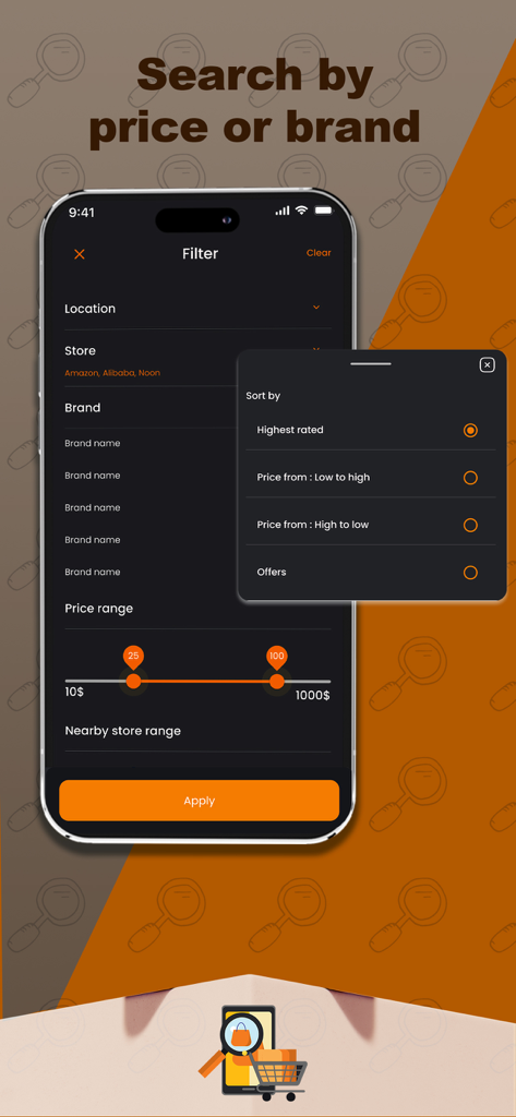 Product Finder - Price Compare - 商品の検索のための価格とブランドのフィルターを表示するモバイルアプリのインターフェース