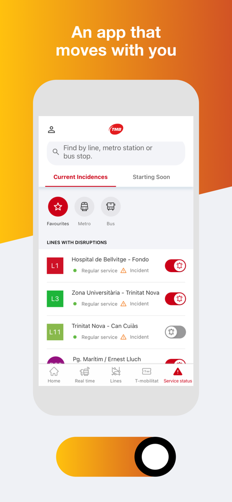 Interfaz de la App TMB que muestra el estado del servicio de metro y autobús en tiempo real para el transporte de Barcelona