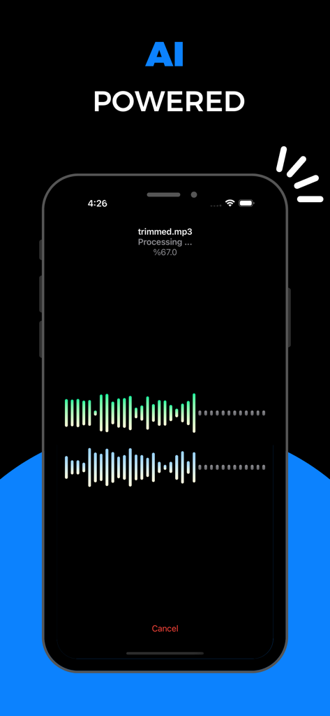 Music Remover Pro: AI Powered - Smartphone screen displaying the AI powered audio processing interface of Music Remover Pro with dual waveforms