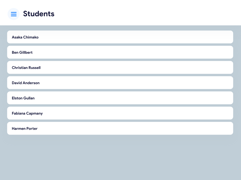 A digital roster displaying a list of students within the Check and Train iPad app.