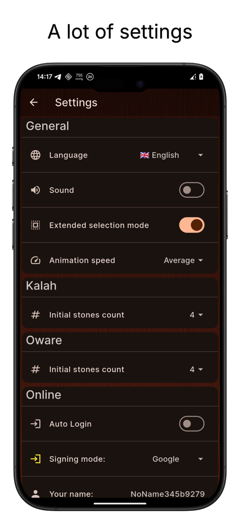Mancala games - The settings screen of the Mancala games app showing customization options for different game modes and online play.