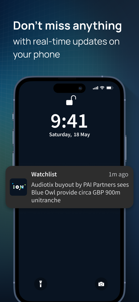 ION: Mergermarket & Debtwire - iPhone lock screen displaying a real-time push notification from the ION app about a private equity buyout deal