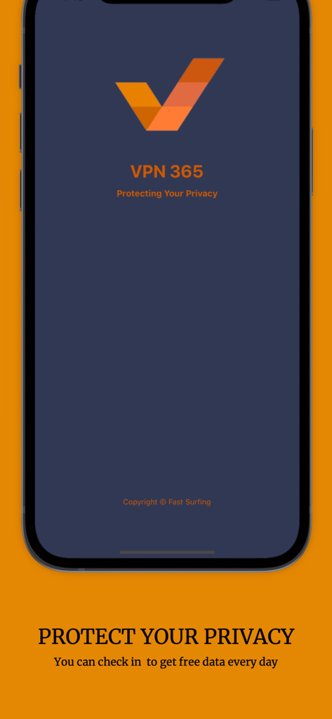 Interface of VPN 365 app showing the privacy protection message and free data check in option