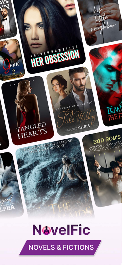 NovelFic-Novels&Fictions Story - Una variedad de portadas de libros de romance y fantasía en la aplicación NovelFic