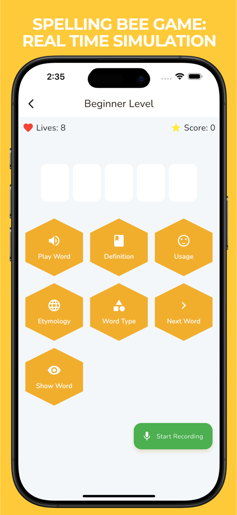 Spelling Bee Spelling Better - Mobile app interface showing a Spelling Bee Game real time simulation at beginner level with options for word definition and etymology