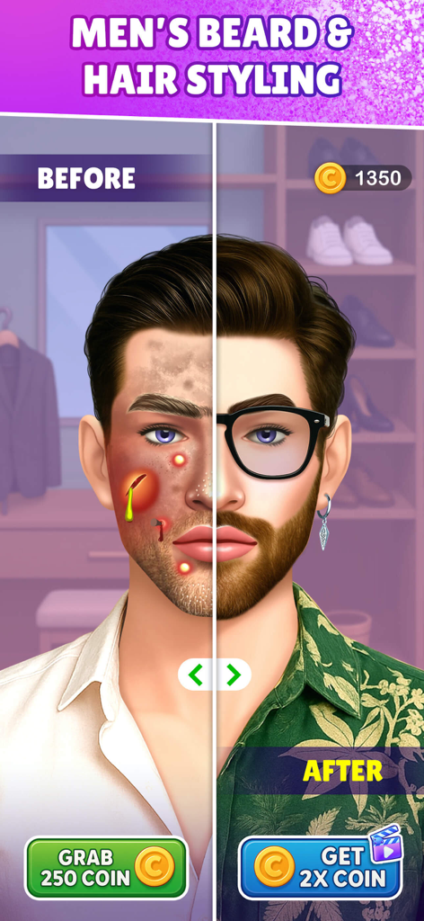 ASMR Salon: Skincare & Makeup - Comparação de antes e depois da transformação de cuidados com a pele e grooming de um personagem masculino.