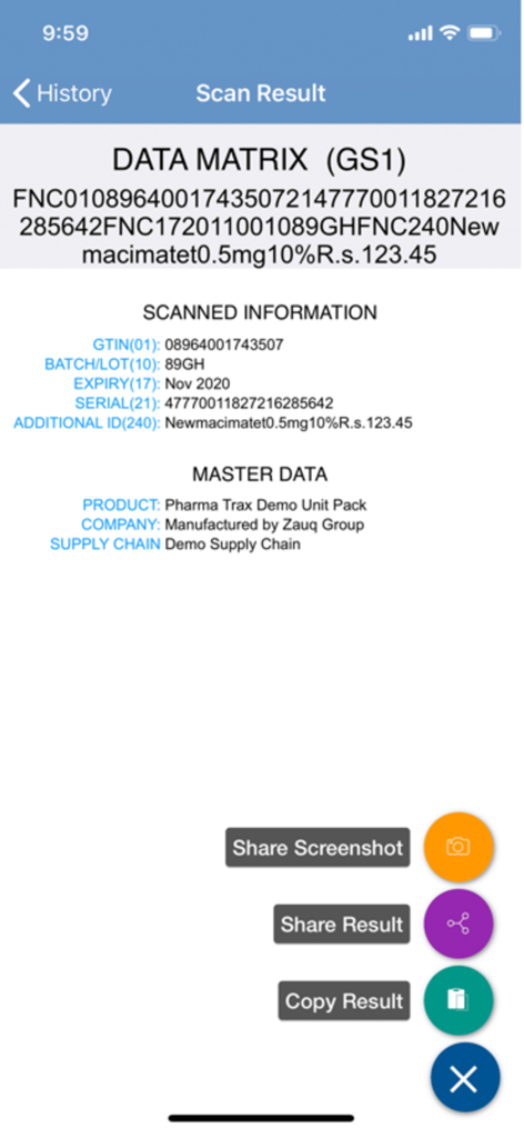 PHARMA TRAX SCANNER - Scan result interface of Pharma Trax app displaying GS1 data matrix and product information.