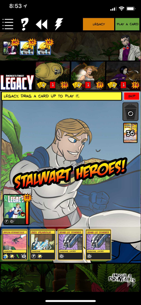 Jogabilidade de Sentinels of the Multiverse apresentando o herói Legacy e interface de batalha de cartas digital