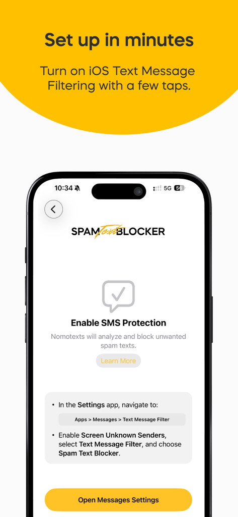 Setup screen for Spam Text Blocker by Nomorobo showing instructions to enable SMS protection and iOS message filtering