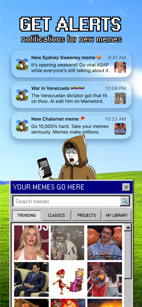 Memelord Mobile - トレンドのミーム通知と検索可能なミームライブラリを表示するMemelord Mobileのインターフェース