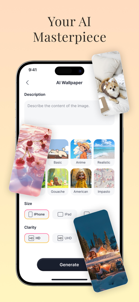 Wallpapers, Widget & Theme App - Interface of the AI wallpaper generator showing prompt input and various art styles like Anime and Realistic