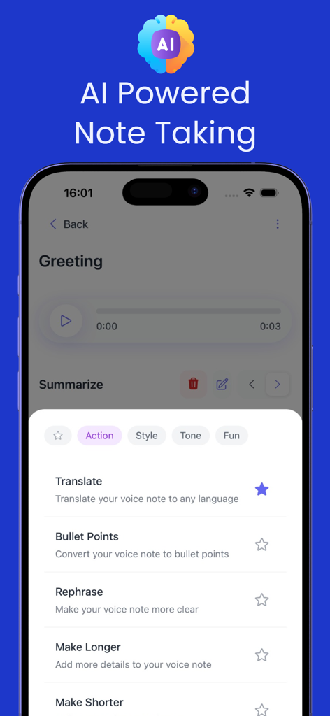 AI Note Taker & Voice Memos - AIノートテイクアプリのインターフェース。音声録音の翻訳、要約、言い換えオプションを表示。
