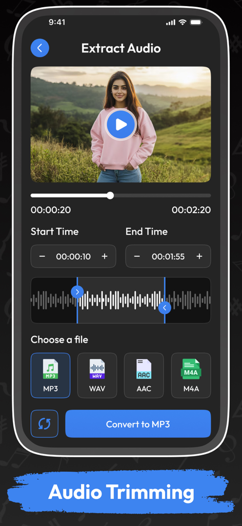 Audio Extractor Video to MP3 * - Interface of the Audio Extractor app showing the audio trimming and video to mp3 conversion feature