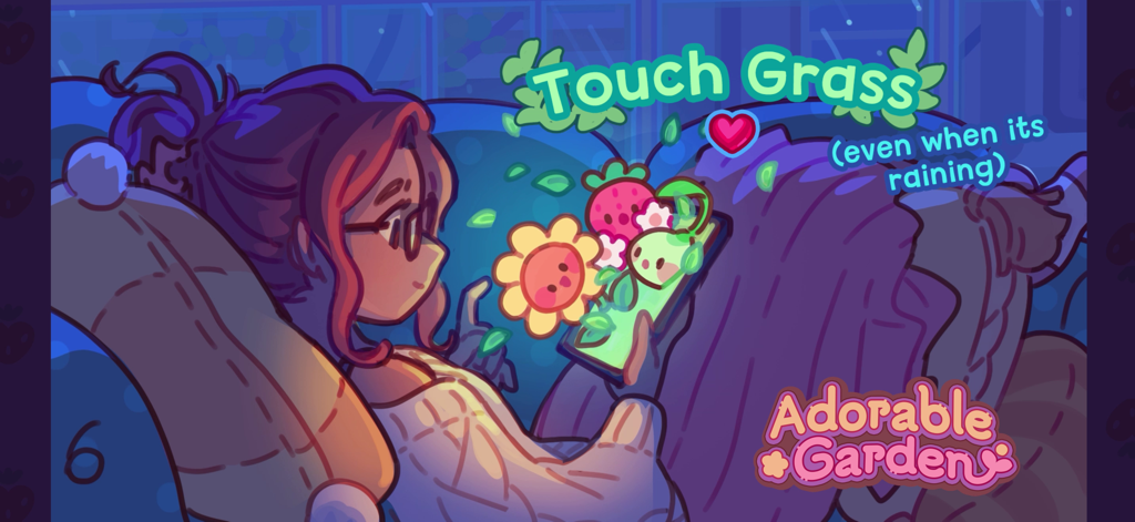 Adorable Garden - Un personaje en la cama jugando Adorable Garden en un teléfono con lindas plantas digitales saliendo