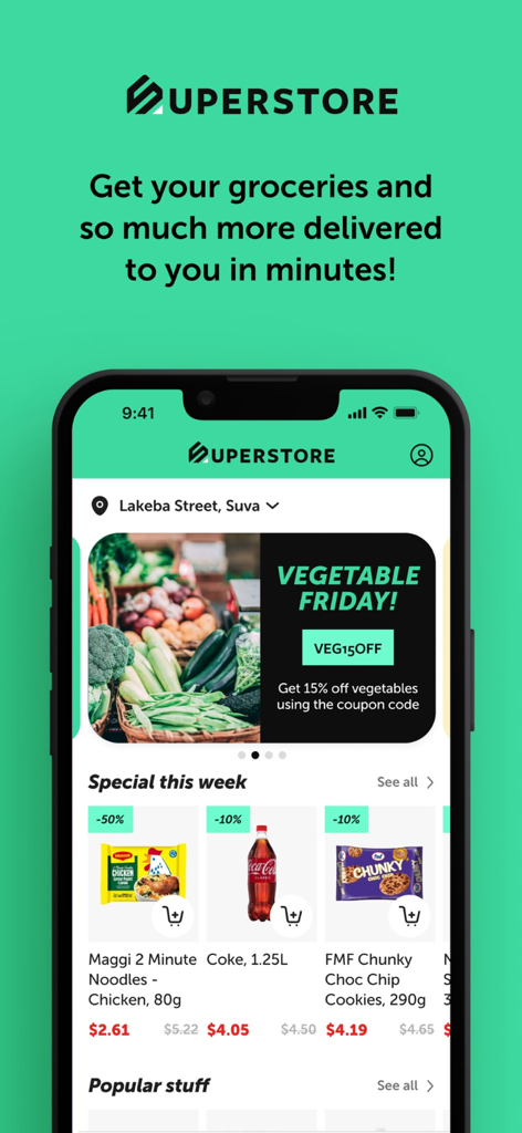 Superstore Fiji app interface showing grocery delivery options and special weekly discounts