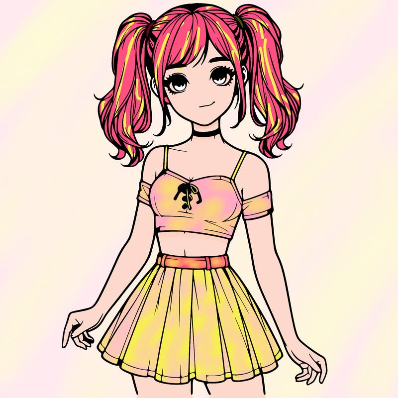 realistic girl in a skirt crop top and pigtails