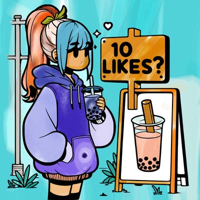 girl with oversized hoodie drinking boba and she has a high ponytail with a sign that says 10likes?
