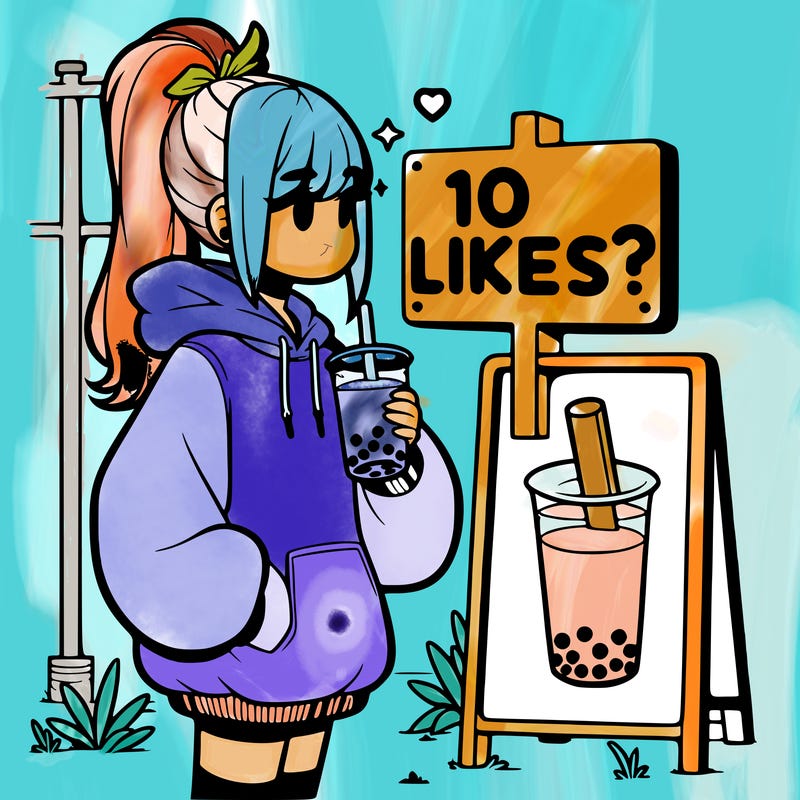 girl with oversized hoodie drinking boba and she has a high ponytail with a sign that says 10likes?