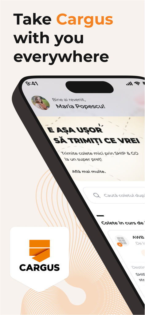 Cargus Mobile - Cargus Mobile app interface on a smartphone showing shipping options and parcel tracking