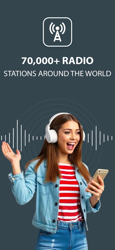 Una mujer feliz con auriculares escuchando la aplicación Radio Tuner que ofrece acceso a más de 70.000 emisoras en todo el mundo.