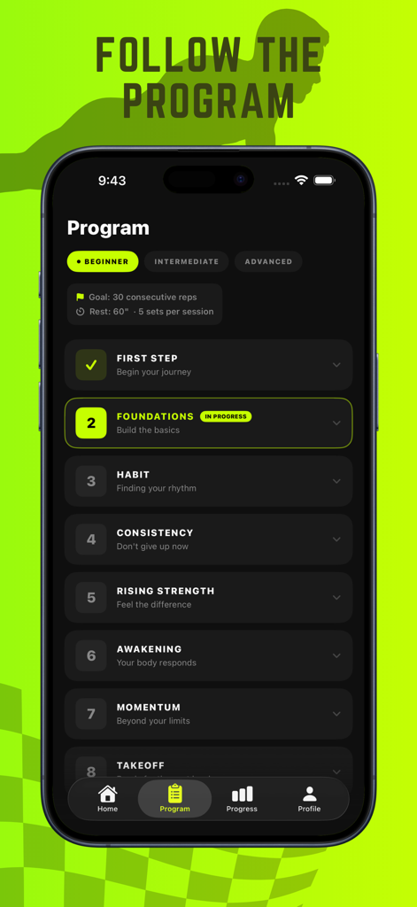PushUp365 - Push Ups Counter - Interfaz de la aplicación PushUp365 que muestra un programa de entrenamiento estructurado de 12 semanas para principiantes con niveles de entrenamiento progresivos.