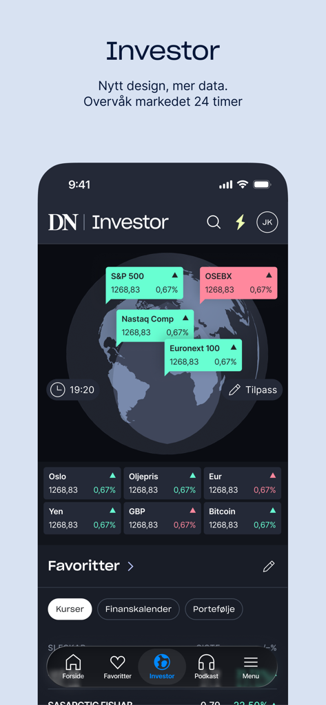DN App Investor-Oberfläche mit globalen Aktienindizes und Finanzmarkt-Updates.