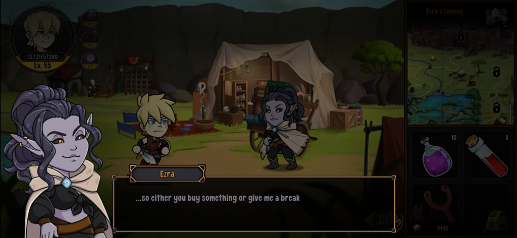 Una escena de diálogo entre el protagonista y un mercader llamado Ezra en Hero Tale Idle RPG
