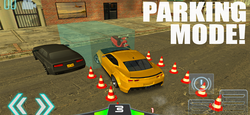 Mr Driving - Car Drive Parking - A yellow sports car navigating a parking challenge with traffic cones in the Mr Driving mobile game