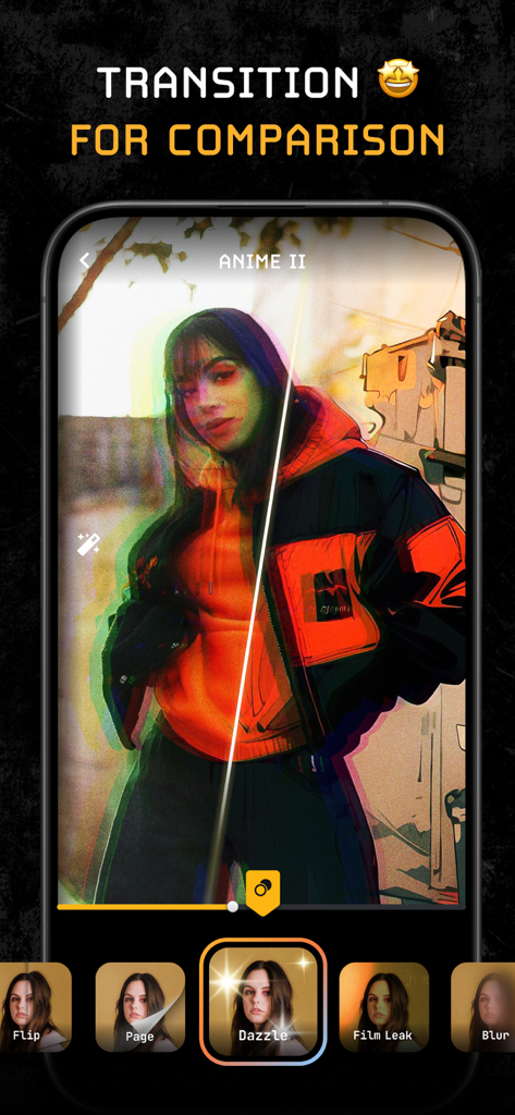 MOVA - AI Video Editor - MOVA AI Video Editor app interface showing video transitions and anime filter comparison.