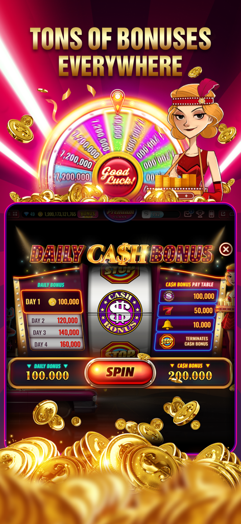 Vegas Live Slots Casino - Captura de pantalla de Vegas Live Slots Casino que muestra el bono diario en efectivo y una función de rueda de premios
