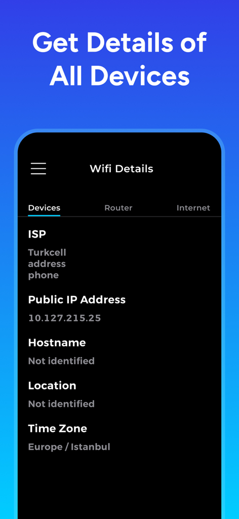 Wifi Analyzer app interface showing network information including ISP and public IP address
