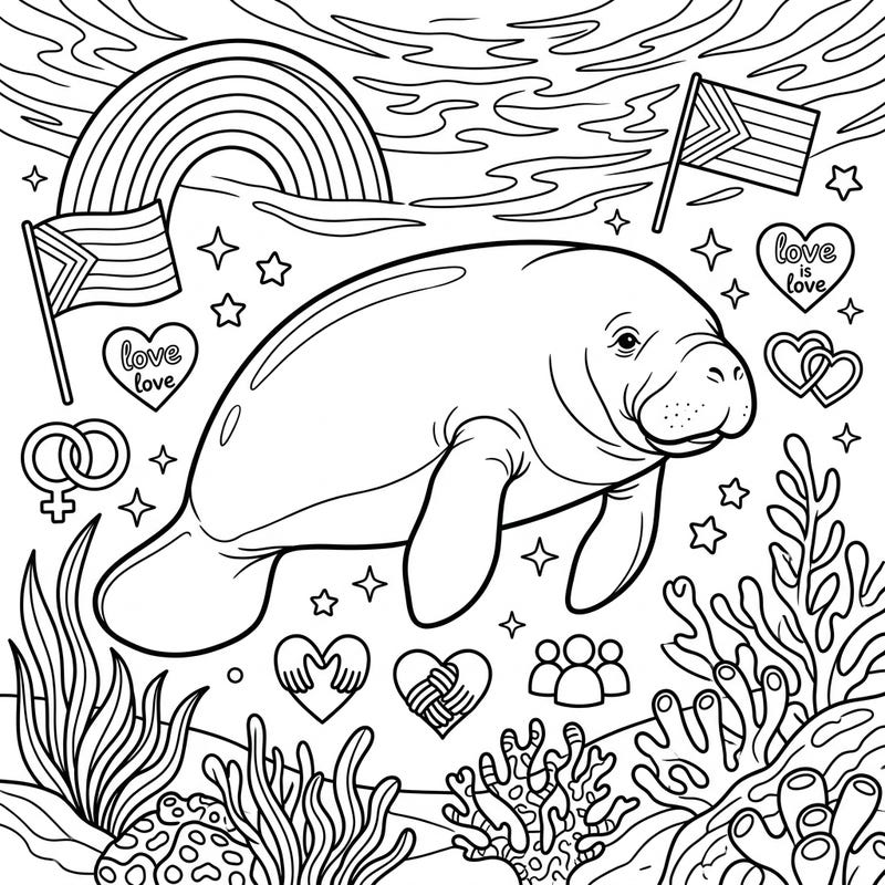 Dive into a world of tranquility and celebration with this unique Manatee Resting Pride Month coloring page. It's a wonderful way to honor love and diversity while enjoying the calming art of coloring.