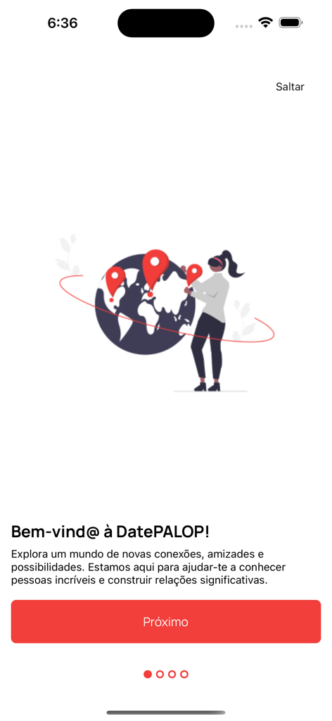 DatePALOP - Welcome screen of the DatePALOP dating app featuring a woman and a globe illustration