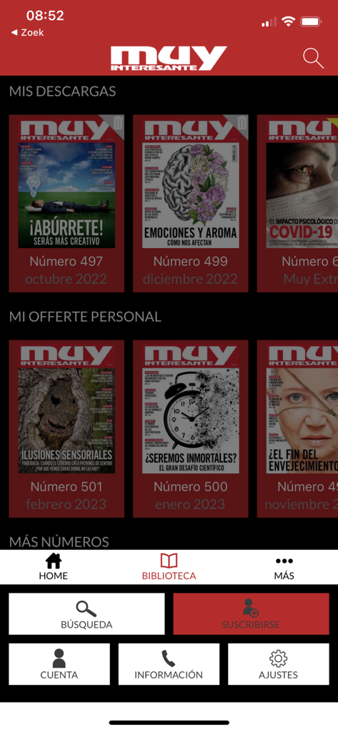 Muy Interesante Revistas - Interface da biblioteca do aplicativo Muy Interesante Revistas mostrando várias capas de revistas de ciência em espanhol