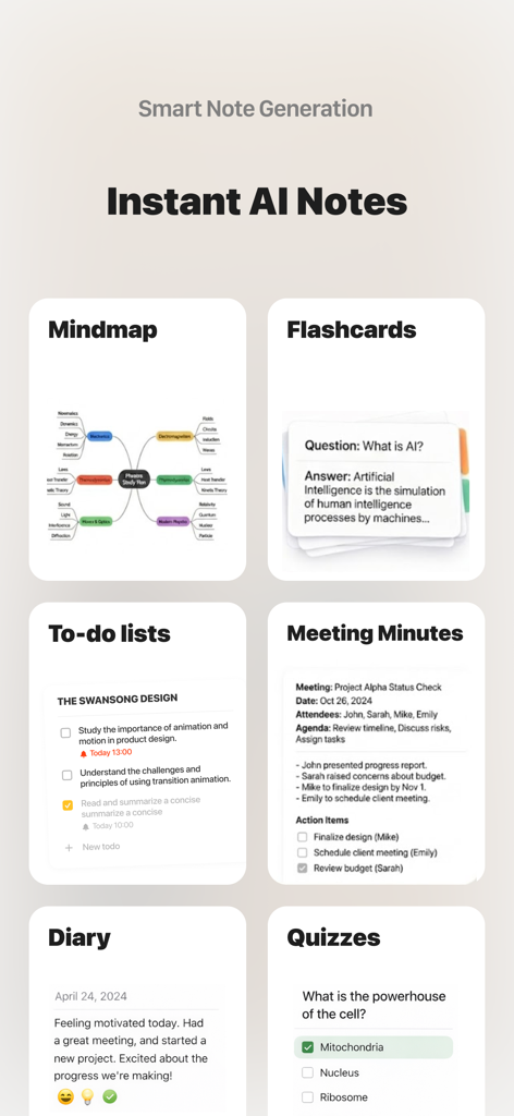 A showcase of different AI-generated note formats in ideaShell including mindmaps, flashcards, and meeting minutes.