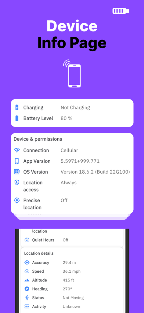 Capture d'écran de l'application Spy Phone Pro montrant le statut de l'appareil, y compris le niveau de la batterie et les autorisations de localisation