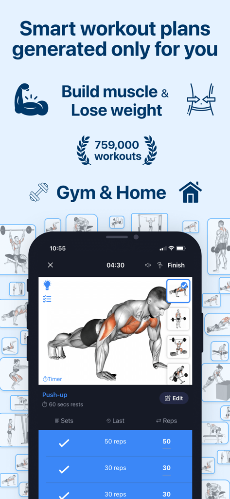 Fitness Planner app showing AI generated workout plans for gym and home workouts.