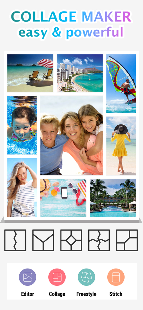 Screenshot der Foto-Collage-Montage und Layout-App mit einer Mehrfachfoto-Collage und verschiedenen Rastervorlagenoptionen