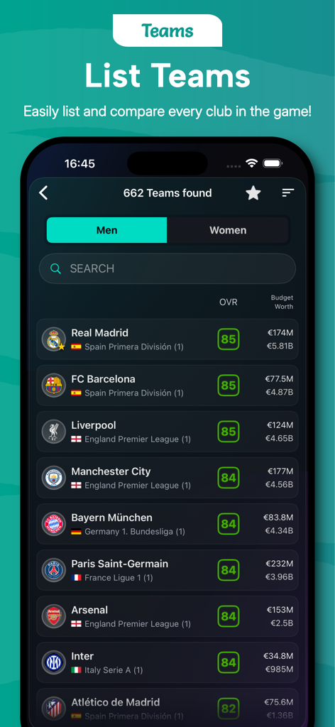 A list of football clubs in the FC 26 Career Mode app showing team ratings and transfer budgets