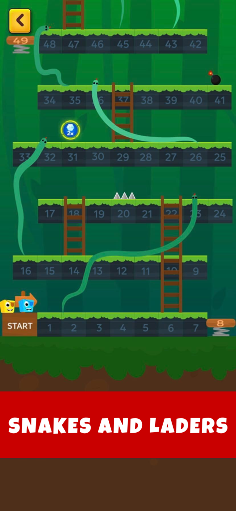 Platformer style Snakes and Ladders game screen with a colorful jungle background