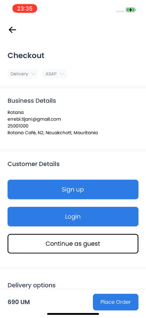 Jeyaboo - 빠른 음식 배달을 위해 가입, 로그인 또는 게스트로 계속 진행 옵션이 있는 Jeyaboo 앱 결제 화면