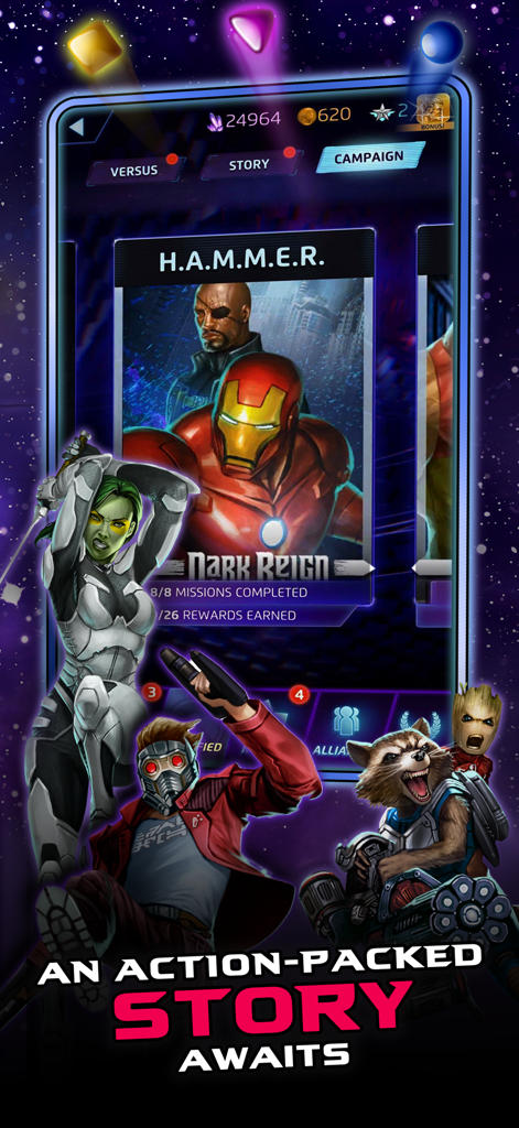MARVEL Puzzle Quest: Hero RPG - Captura de tela da tela da campanha MARVEL Puzzle Quest com personagens dos Guardiões da Galáxia e a missão da história Reinado Sombrio.