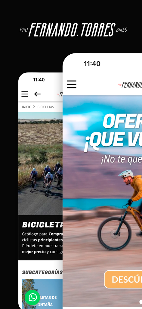 Fernando Torres Probikes - Interfaz de la aplicación móvil de Fernando Torres Probikes mostrando productos y ofertas de ciclismo
