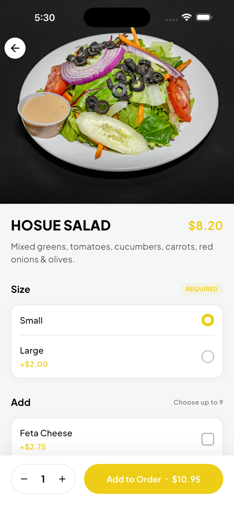 Pantalla de selección de ensalada de la casa de la aplicación móvil Phil and Sons con opciones de tamaño y coberturas