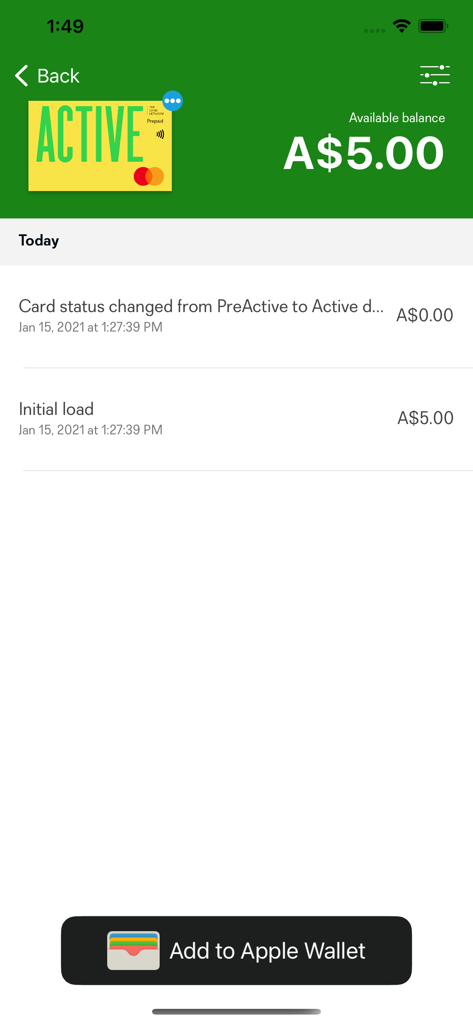 The Card Network - The Card Networkアプリに有効なデジタルカード残高と「Apple Walletに追加」ボタンが表示されています