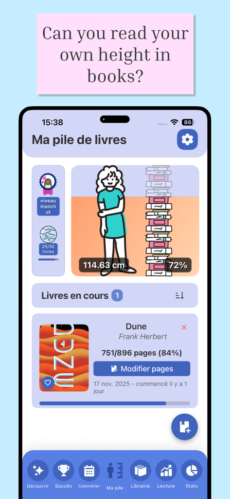 Book Nova app interface showing a visual reading height challenge and a tracker for the book Dune
